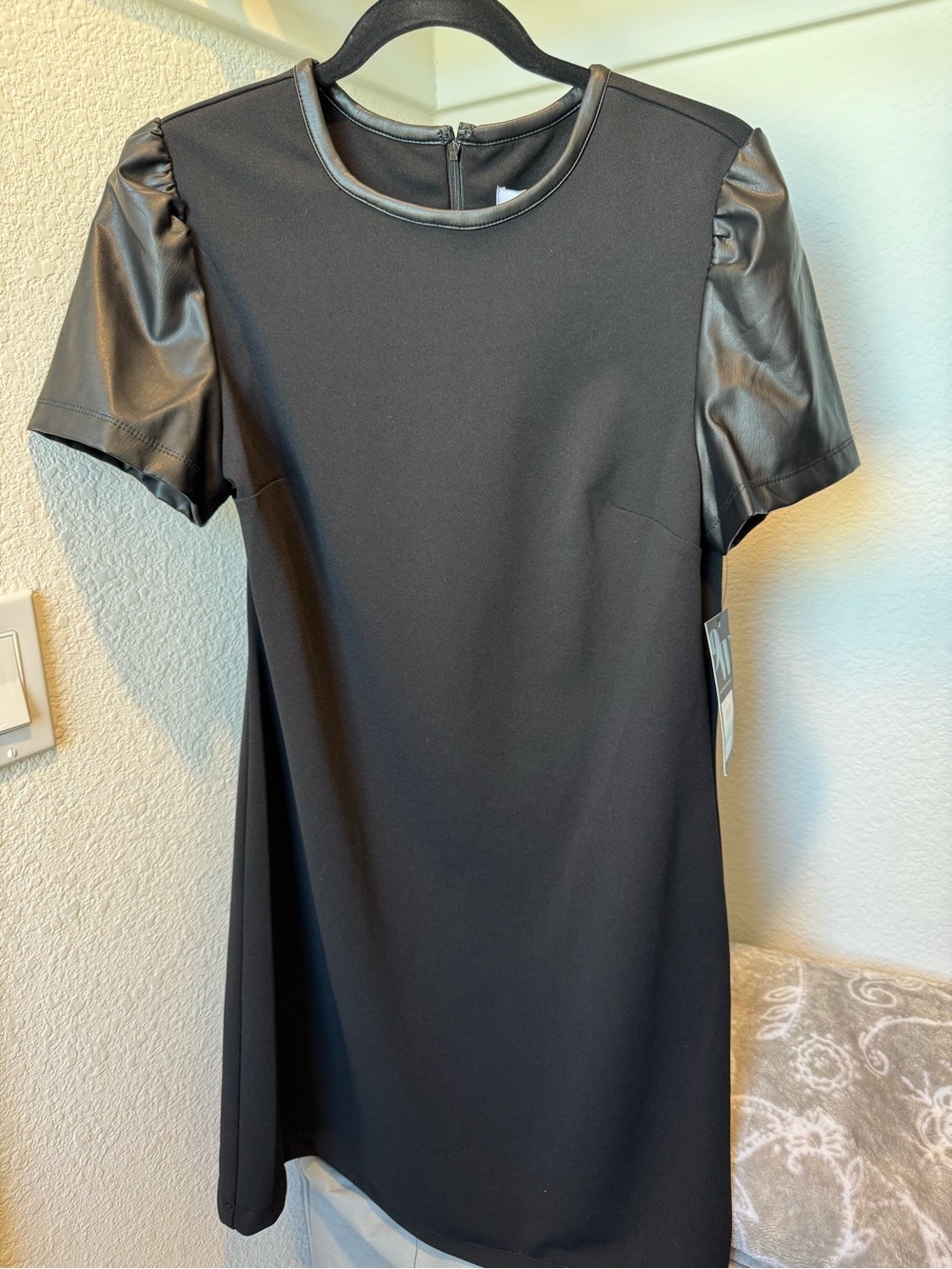 Nine West Black Short Sleeve Shift Dress with Faux Leather Sleeves